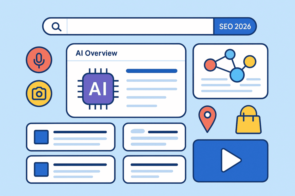 Interfaz de búsqueda con IA en 2026 mostrando AI Overview, grafo de conocimiento, módulos locales, voz y cámara; ilustración para SEO con IA.